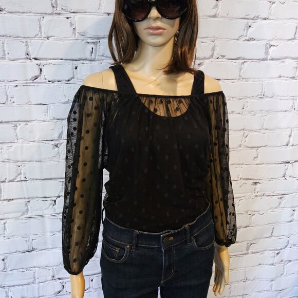 ANNE TAYLOR LOFT, 3/4 polka dot sheer black blouse - Picture 5 of 10